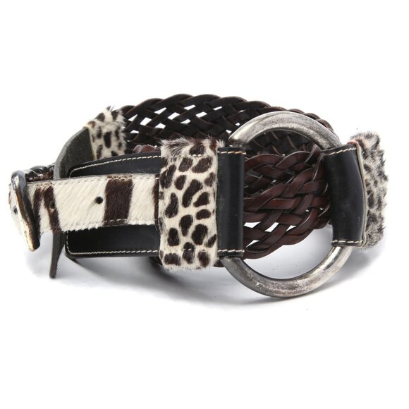 Vintage 90s La Doppia Vita Leather Pony Hair Belt Animal Print Braided Brown Whi - Picture 6 of 14